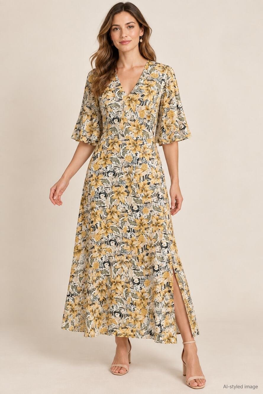 AX Paris Yellow Tropical Floral V-Neck Flutter Sleeve Dress Size 8